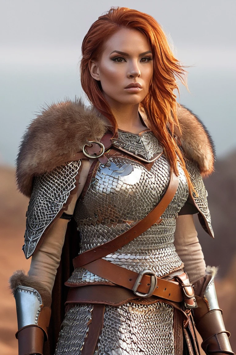 Female warrior character, (ethnicity:1.1), (age:1.2), (detailed clothing:1.2),  (accessories:1.2), (facial features:1.2), (expression:1.2), (body type:1.2), (pose:1.1),  red hair,  (detailed hair:1.2),  standing pose,  (arms:1.1),  (legs:1.1),  (chest:1.1)  in profile view facing slightly toward the right,  wearing chainmail armor and fur cape,  (detailed chainmail:1.2), (detailed fur:1.1),   (detailed leather boots:1.1), brown leather belt, (eyes:1.2),  raised fist,  centered in the composition, two-tone color palette (dark, gray backgrounds with various shades of brown for armor, and light shades of skin tone),  bold outlines,  cartoon style,  digital illustration, flat colors,  video game character,  (detailed skin texture:1.1) , medium perspective, simple background.