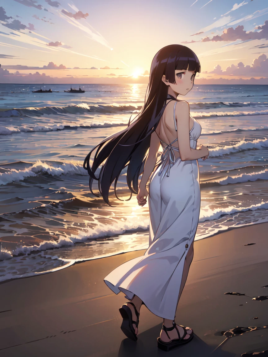 In a dynamic manga style, a highly transparent girl,kotegawa yui,to love-ru, stands against the ocean waves and the horizon at sunset. The character is highly transparent, allowing the movement of the waves and the reflection of the sunset on the water to be clearly visible through their silhouette. The blending of the character's edges with the ocean background creates a serene and ethereal atmosphere.