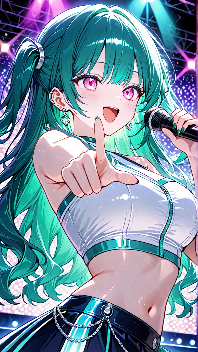 a woman with long wavy dark teal green hair, pink eyes, white crop top kpop outfit, silver earings, stage, concert, singing, colorful lighting, smiling, pointing finger to camera