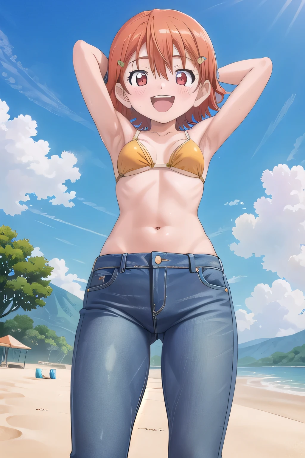 masterpiece,best quality,ultra detail,1girl, 14yo, petite, ((round face, ecstasy, orgasm face, drooping eyes, shame smiling, blush)), dropping eyes, sleepy, background((under the beach, (day:1.2), under sand beach, bright sky)), takenouchi_sora, short hair, orange hair, red eyes, arms behind head, contrapposto, spread armpits, looking at viewer,, Yellow bikini bra, (jeans pants:1.2, flares jeans:1.2, skinny jeans:1.2, blue jeans:1.2), standing, (legs spread:3:1), sex pose, orgasm, Sweaty crotch, Steam from the crotch, from below, full body