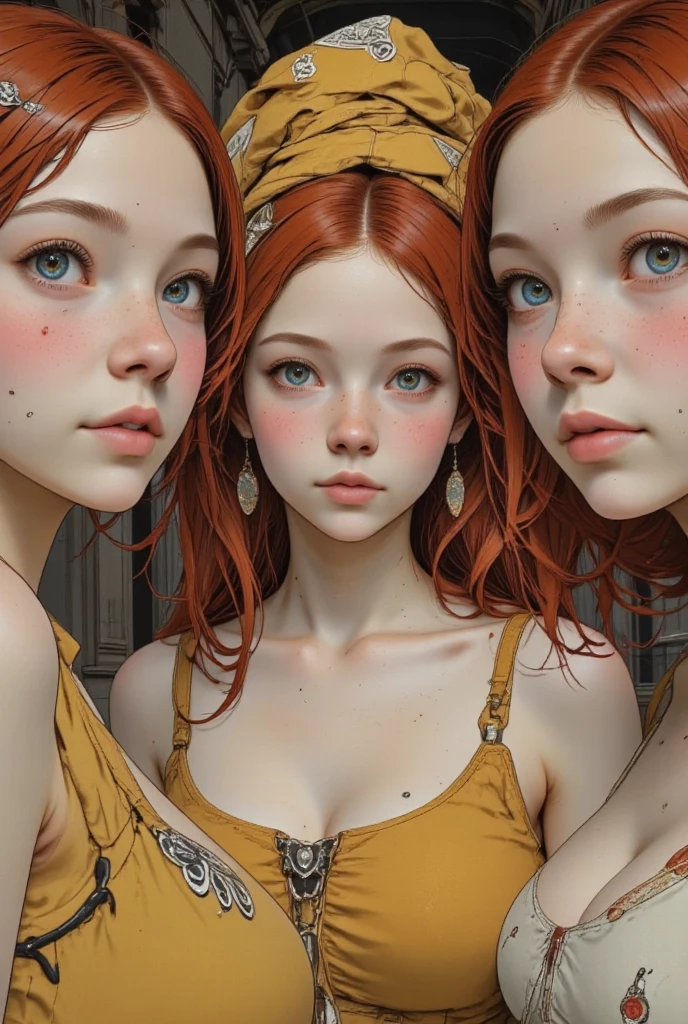 three women with red hair and turbans are posing for a picture, a renaissance painting inspired by Ridolfo Ghirlandaio, shutterstock, mannerism, in a high renaissance style, in a renaissance style, triad of muses, pontormo, in renaissance style, renaissance style painting, realistic renaissance portrait, renaissance portrait, renaissance digital painting