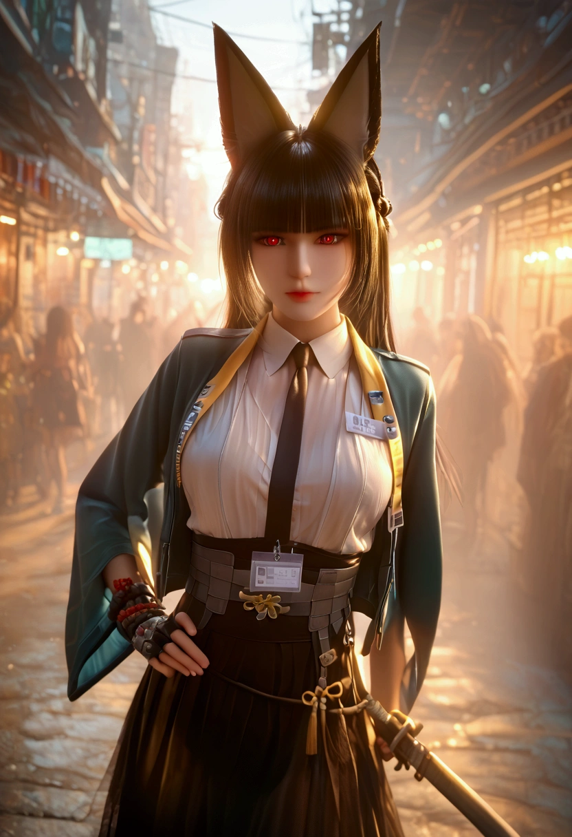 bmasterpiece、top-quality、hight resolution)、 Real life adaption for this character, Masterpiece, high quality, best lighting, cinematic, 1girl, Hoshimi Miyabi, black hair, red eyes, fox ears, Blunt bangs, braid, fox ears, green jacket, jacket on shoulders, fingerless gloves, gauntlets, white shirt, black necktie, id card, black skirt, Haigh wist skirt, Her hand holds a katana sword, (perfect body), looking at viewer, standing, outdoors, street 