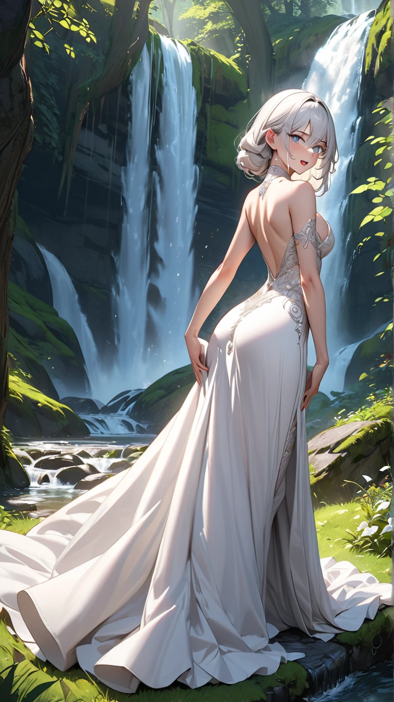 ravens, moonligh, waterfall, woman dressed in black, transparent lace dress, ((high qualiy)), ((super quality)) cold shades