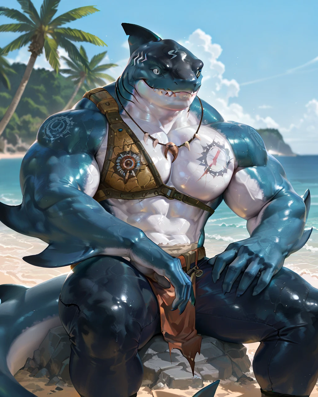 sharkman, anthro megalodon, black and blue hands and fins, black back, solo, big arms, bara, detailed smooth skin, lizard shark hybrid, bull shark head, anthro, closed mouth, smiling, detailed scales, muscular, thick legs, proporcional body, wide chest, trapezoid body type, marked jaw, thick shark tail, armless bodysuit, scalie bodysuit, best quality, 4k, ultra-detailed, by Buta99, by honovy, detailed illustration of 4K horror, island beach scenery, wearing armor, tribal shark tattoos on the body, sitting on a stone near water