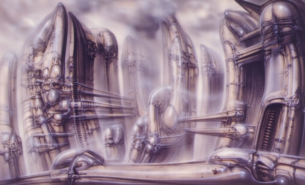 H. R. Giger's g1g3r, , Giger_style, The image is a detailed view of H.R. Giger's \" NY City  \" plate, featuring H R GIGER's biomechanical is a digital artwork featuring  vertical city set against a backdrop of intricate mechanical pipes and wires.. with a glowing light source, dence cloudy mist, strokes of steam. (A haunting and surreal image inspired by the work of H.R. Giger. The artwork depicts a biomechanical , with intricate tubes and pipes snaking along the walls.  The image features a close-up of a mechanical object with a complex, intricate design, resembling a futuristic machine or robot, made of  burned bone and ivory, fossils,set against a blurred background, adding to the sense of unease and mystery. The overall atmosphere is one of darkness, decay, and the unsettling nature of the unknown, best quality:1.4) The artistic manner would be unmistakably Gigeresque. A dark and unsettling beauty would permeate the piece, blurring the lines between fascination and repulsion , forever haunted by the grotesque allure. Giger's signature artistic manner would be evident in every stroke. The artist has used careful linework to depict the contours and textures in the piece, (Triadic:1.1), (Proportion:1.1),  , (Reflected light:1.2), Parchment, ultra detailed, intricate,, dry b (best quality:1.4), H.R. GIGER,  BY GIGER