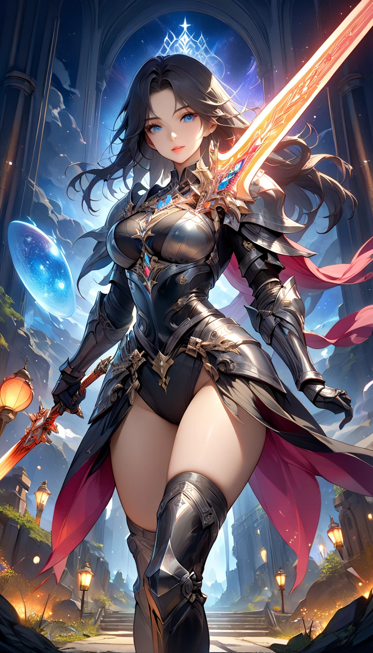 16K, HDR, UHD, ray tracing, absurdres, high res, best quality, masterpiece, depth of field, enormous scale, best quality, masterpiece, award winning, official art, (1girl:1.2), solo, ((beautiful face)), glowing eyes, big boobs, cleavage, highly detailed beautiful face, tattoos, glowing, boss fight, trending on art station, dark fantasy, dark sky, massive proportions, mountains, storm, epic proportions, fantastical, dark magical fantasy, landscape
