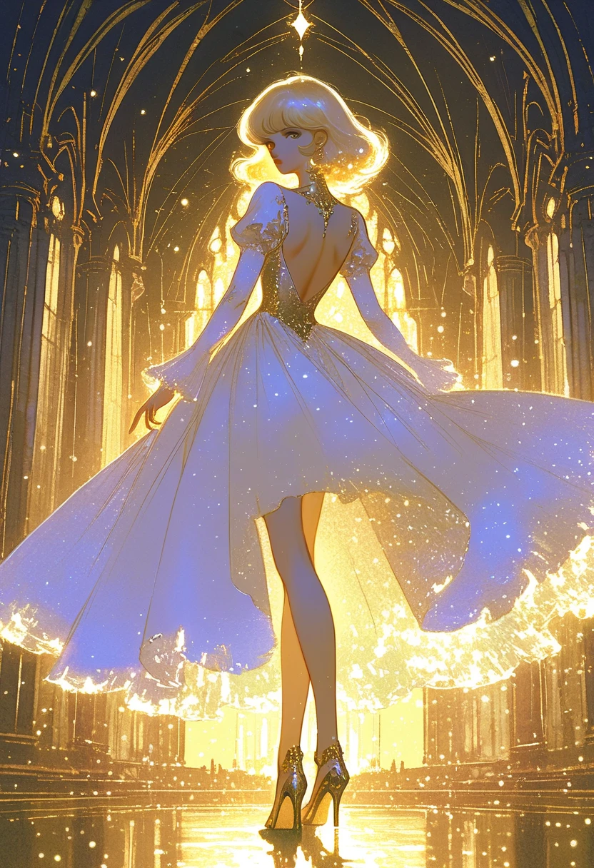 1980s anime style, gold theme, shiny, gold light cascade down, glow particles, 1girl, solo, gold hair, from behind, Backless Dress, gothic dress, high heels, look back at me,  masterpiece:1.2, fantasy style illustration, hand drawn outline, watercolor anime, ultra detailed drawing, romantic castle background, wide shot:1.2,