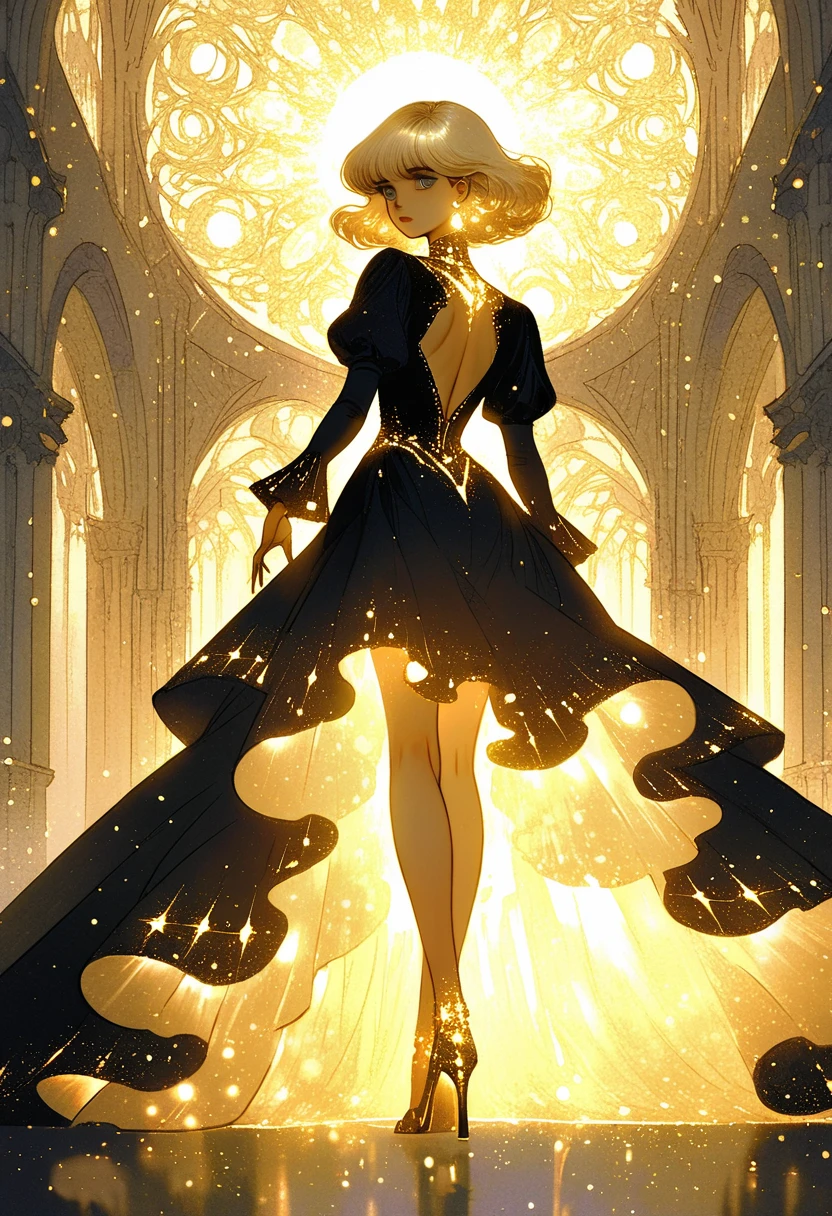 1980s anime style, gold theme, shiny, gold light cascade down, glow particles, 1girl, solo, gold hair, from behind, Backless Dress, gothic dress, high heels, look back at me,  masterpiece:1.2, fantasy style illustration, hand drawn outline, watercolor anime, ultra detailed drawing, romantic castle background, wide shot:1.2,