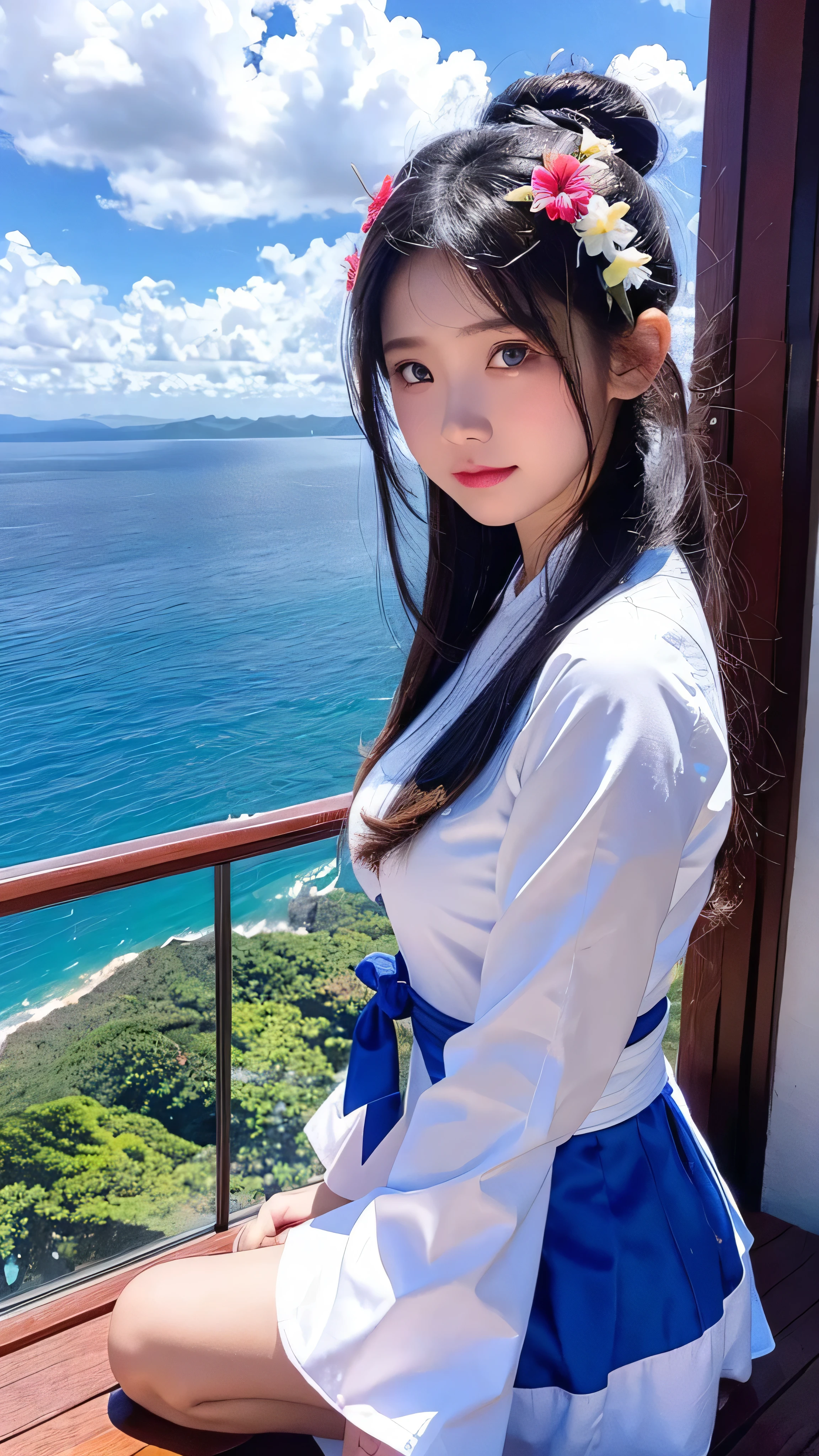  in high-definition images， in the blue sky and white clouds　 Indonesian girl 、 face details、（ in a colorful folk statue costume） girl watching the ocean from an observatory on a mountain 。From the observation deck on top of the mountain 。