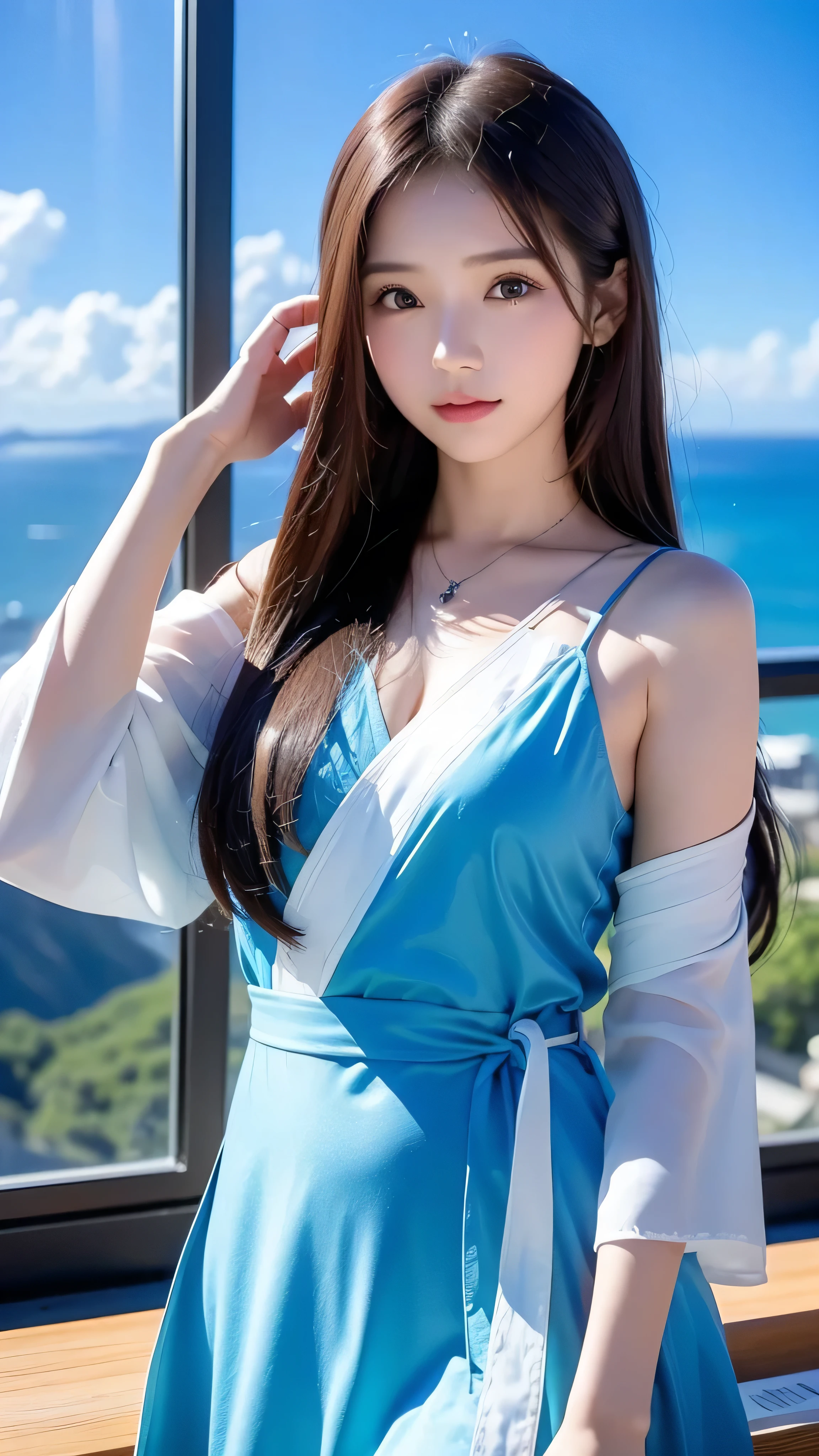  in high-definition images， in the blue sky and white clouds　 Indonesian girl 、 face details、（ in a colorful folk statue costume） girl watching the ocean from an observatory on a mountain 。From the observation deck on top of the mountain 。