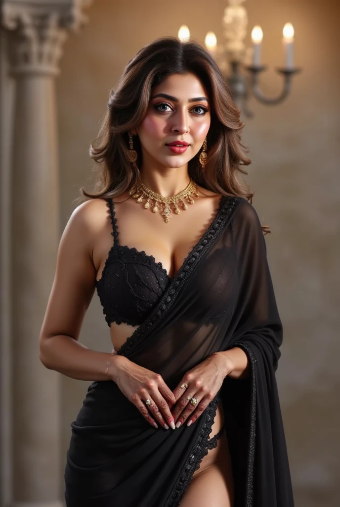 Indian sexy lady in black lingerie saree , ancient sex goddess , perfect figure , showing her round belly button , sexy deep navel , curvy waist , thick legs , slutty makeup , dark eyeliner , HOT red lips , long hairs , earrings , shinny ornaments , necklace , 8k resolution , photorealistic , ultra realistic , HD Quality , photography , long shot , full body photograph , cinematic lighting , daylight , Hasselblad photography , ARRI Photography , details , extreme details , little details , ultra sharp photo , perfect picture , fine details , HQ ,
