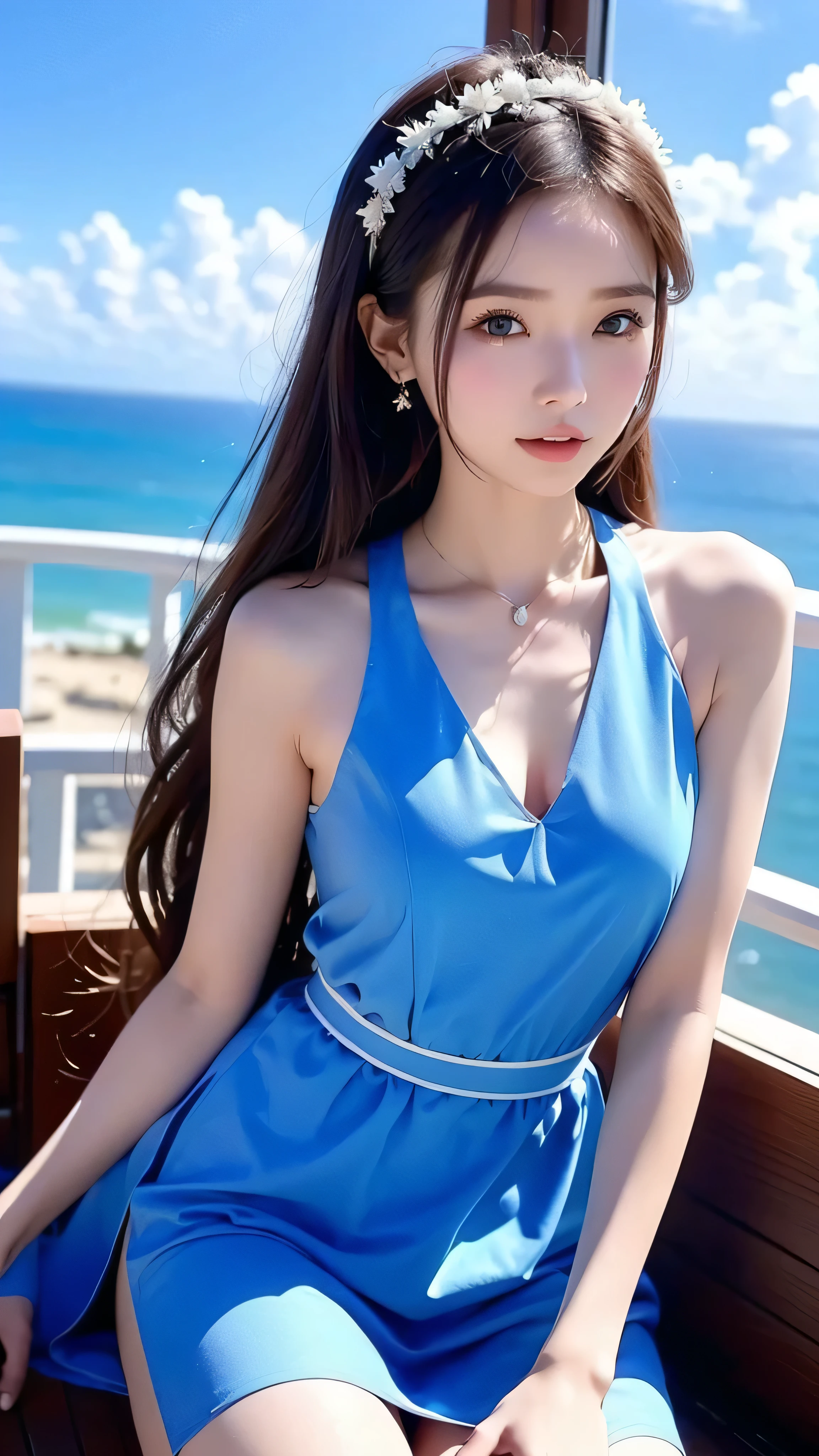 in high-definition images, in the blue sky and white clouds Indonesian girl 、 face details、(In colorful monk costumes) girl watching the ocean from an observatory on a mountain 。From the observation deck on top of the mountain 。