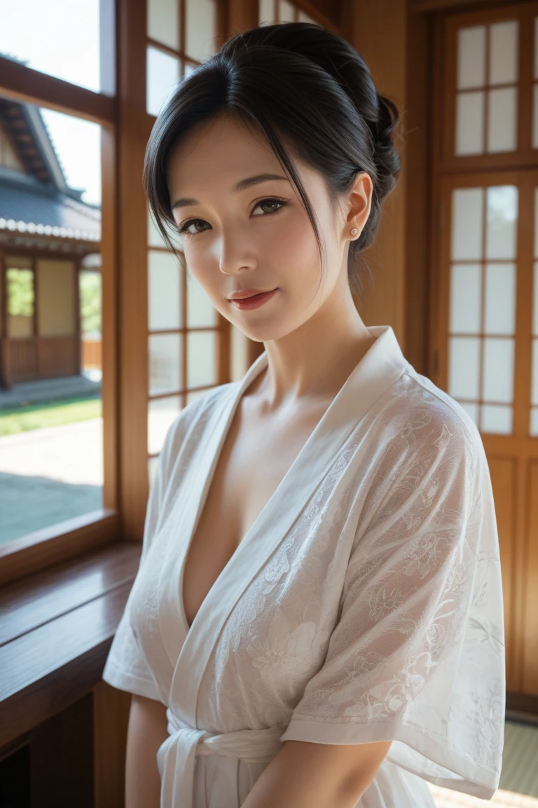 (highest quality,8k,masterpiece),
日本人Mature Woman,40 years,Mature Woman,Pure white skin, Tabletop、Top view from chest、
Full breasts、 ((kimono))、((visiting))((blue))((kimono))Random hairstyle、((The chest is closed))、
,A gentle smile、A gaze that seduces viewers、Japanese-style room、Shoji screen、Lantern、