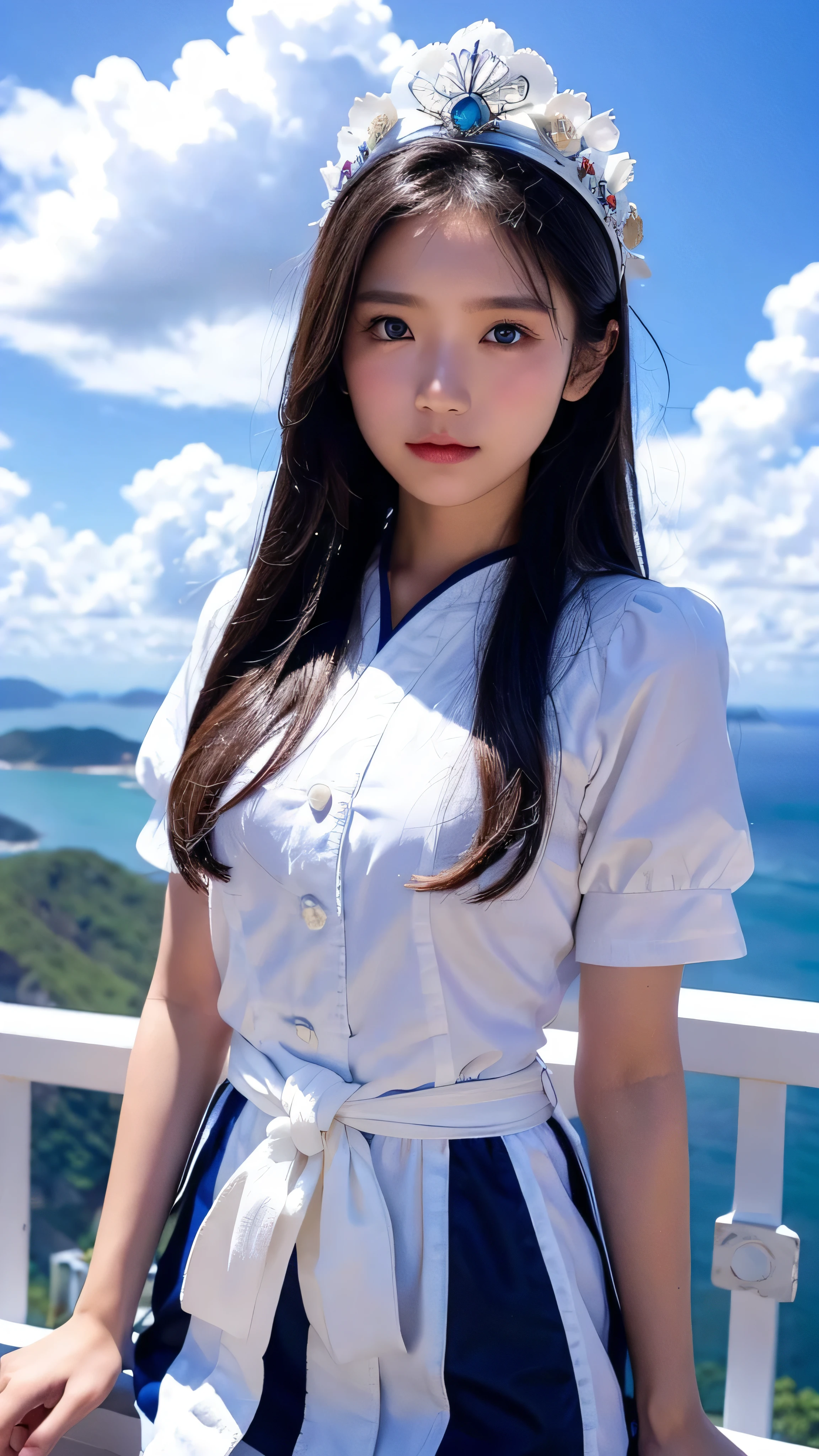  in high-definition images， in the blue sky and white clouds　 Indonesian girl 、 face details、（ in a colorful folk statue costume） girl watching the ocean from an observatory on a mountain 。From the observation deck on top of the mountain 。