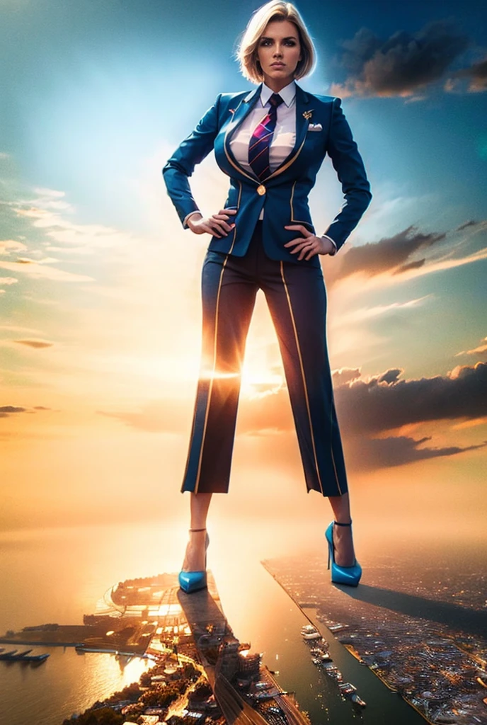 view from outer space of an approaching young giga giantess, Giantess art, 500 miles tall giga giantess, young sophisticated and stylish woman in a blue italian pinstriped trouser suit, form fitting crisp office shirt, and a large wide light blue necktie in a windsor knot, with a beautiful, curvaceous figure, large natural breasts, and short blonde hair, with a curvaceous figure and massive breasts. wearing blue rounded court high heels with uncovered feet and standing, rampage-like pose, with a city skyscrapers background of mega-city, skyscapers, partially obscured by a hazy, cloudy atmosphere. The image is a high-resolution, masterpiece-quality, cinematic, ultra-detailed, and hyper-photorealistic photograph, with perfect hands, face, and lighting. ultra-detailed, 8K, photo-realistic, hyper-realistic, masterpiece, intricate details, full body view. Looking at camera, The image is a high-resolution, masterpiece-quality, cinematic, ultra-detailed, and hyper-photorealistic photograph, with perfect hands, face, and lighting. ultra-detailed, 8K, photo-realistic, hyper-realistic, masterpiece, intricate details, from high above