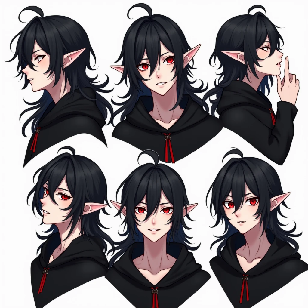 (absurdres, highres, ultra detailed), 1 male, elf adult, handsome, tall slender guy, narrow shoulders, finely detailed eyes and detailed face, messy shaggy black hair, side bangs, bangs, green eyes, sexy twink, shirtless, final fantasy 14, dog collar, model sheet, character model sheet, reference sheet, multiple poses of same character