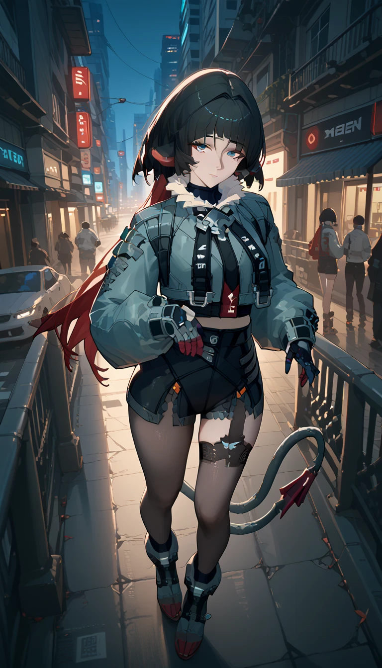 yanedoe- zzz, aqua eyes, long hair , black hair,  red hair ,  Animal ears,  looking at the viewer ,  full length,  the body is completely 1.1.,  correct anatomy 1 .1., very sexy,  sexy position , Above the building, I look at the city,  facing the viewer , night city, cyberpunk street, 