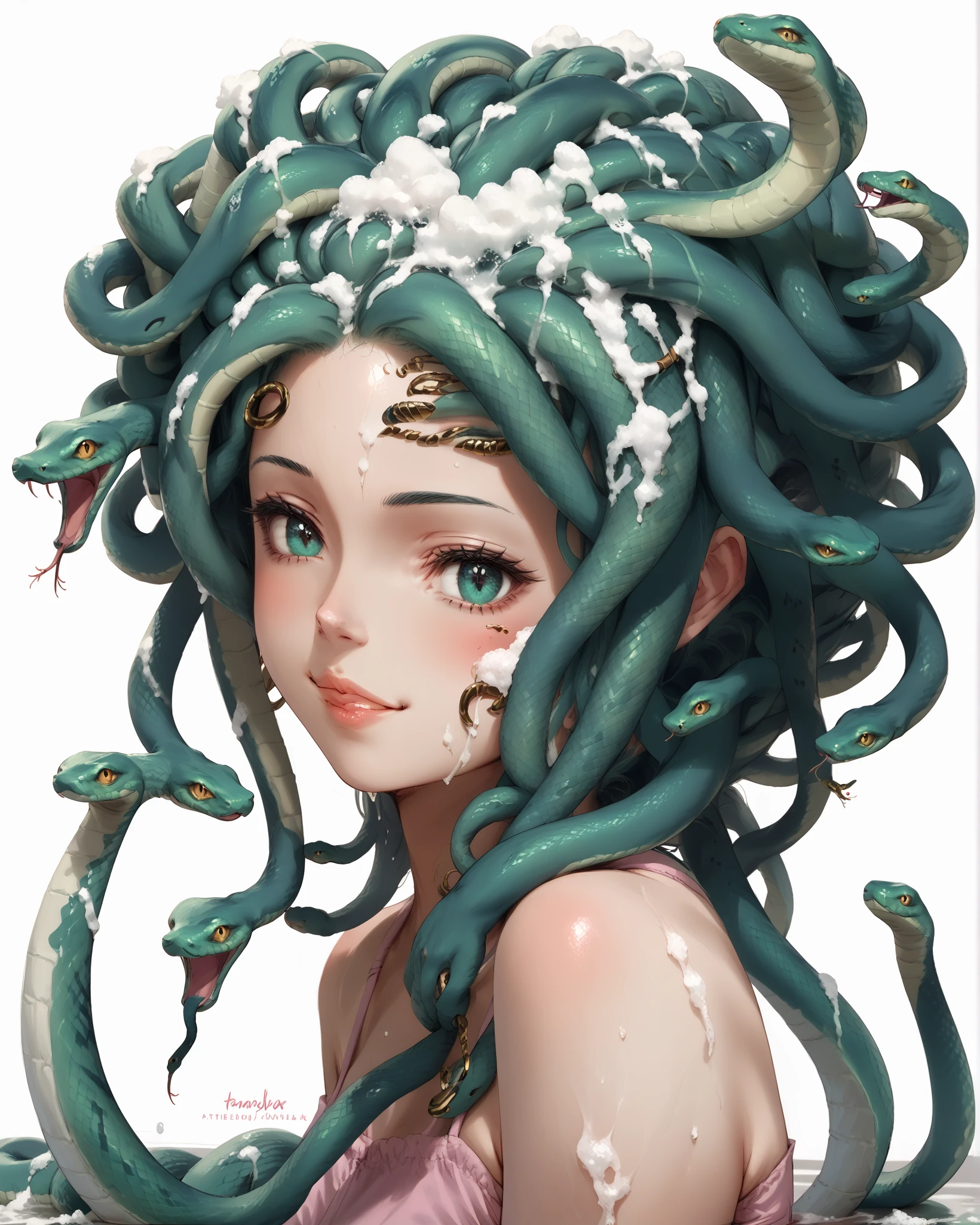 Japanese anime style illustration, kawaii,, Medusa,snake hair,01sh, cute girl smiling, wink, from side, (looking back at viewer,) looking at viewer, head tilt, 
head of hair all numerous snakes, white form covering head, (Washing snakes-hair with both hands above the head,) Realistic foam, Lots of shampoo foam, 
 snakes covered in foam, snakes with pained face, 
pastel pink camisole, close-up, simple Background,