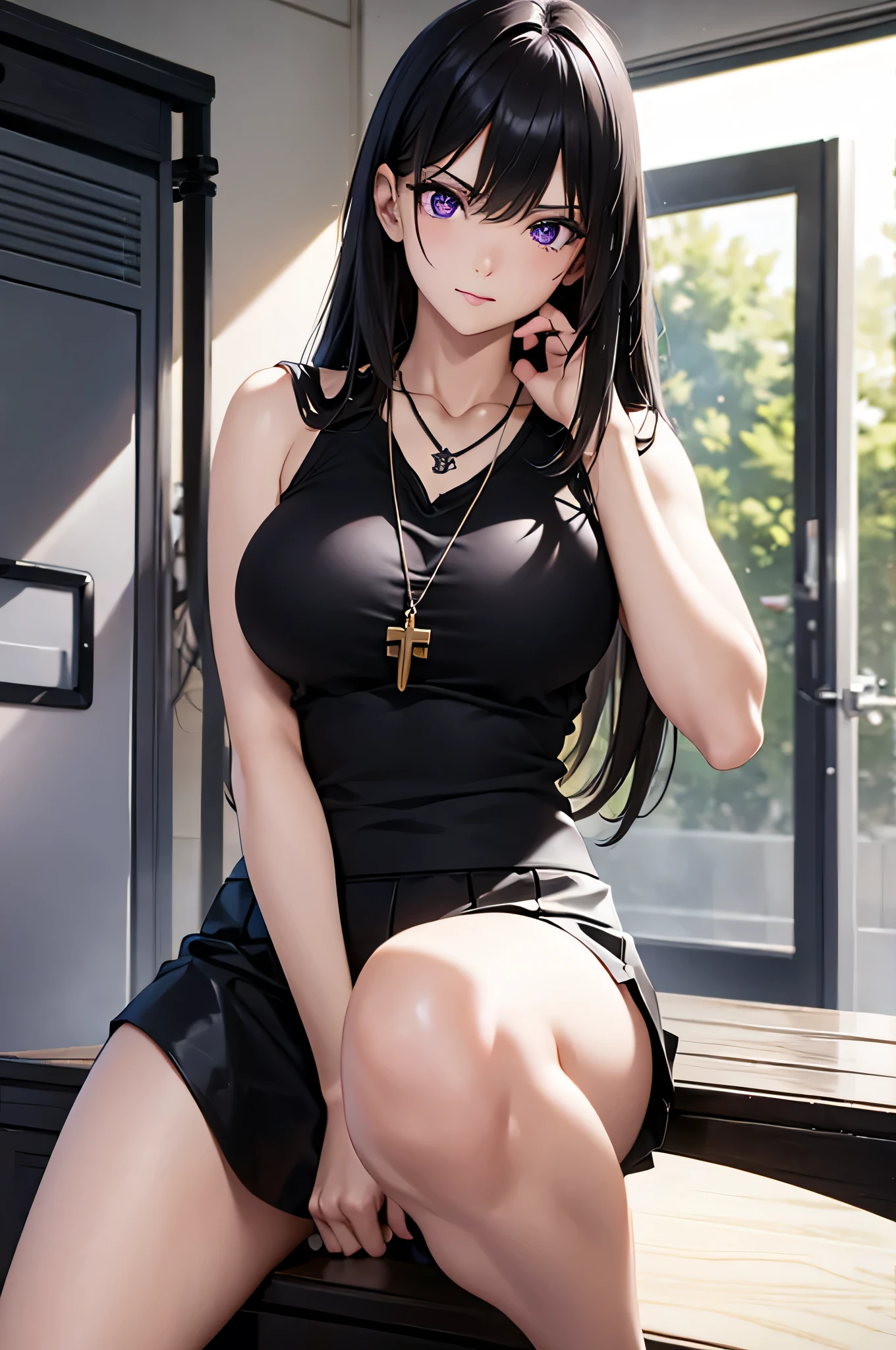 8k resolution,(( top quality )), super high res,Adult female, Alone, sexy, (Glaring face), ( purple eyes), beautiful symmetrical face , ( long black hair), black hoodie, black tank top, Leather Skirt , cross necklace, realistic :1.4, realistic :1.4,( Masterpiece :1.2), perfect eyes, perfect eyes, anatomically correct human body ,Deserted Locker Room, musician ,Perfect waist,Perfect thighs