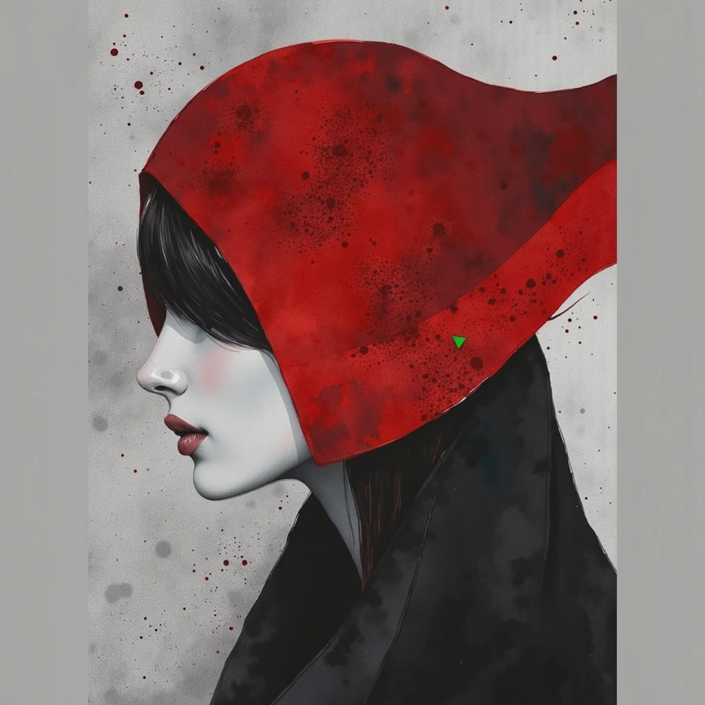 "A minimalist and impressionist watercolor artwork exploring the concept of undefined identity. The composition features a mysterious figure in profile, draped in a flowing red hood, its vibrant color bleeding softly into the muted gray background. A bold green triangle overlays the face, obscuring features and creating an abstract focal point that challenges the viewer's perception of identity. The figure’s pale complexion, deep black hair, and shadowy cloak add contrast and depth, while the fluid watercolor strokes evoke themes of anonymity, transformation, and the fluidity of self."

