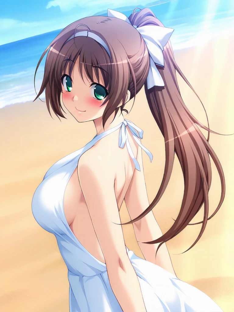 masterpiece, best quality, MomoseAyumu, 1girl, solo, long hair, brown hair, green eyes, large breasts, hairband, ahoge, ponytail, white hair bow, smile, happy, blush, Backless Dress, A beach bathed in sunlight filtering through the trees, upper body, cinematic angle,