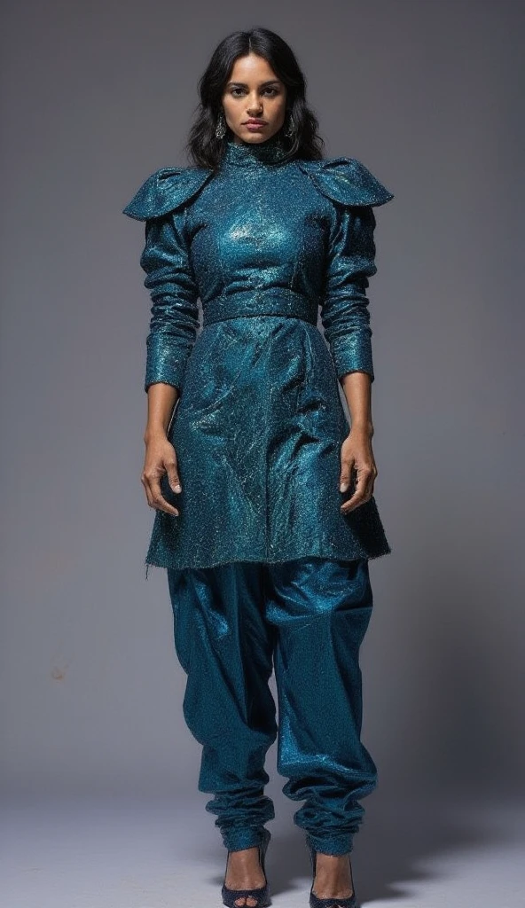 a tall and striking woman exudes confidence and charm with a flirtatious expression. She is adorned in a stunning punjabi style slimfit outfit featuring a sparkly foiled spandex blue moon fabric with high neck kameez paired with a matching Patiala shalwar.The kameez showcases exaggerated puffy shoulders, adding a dramatic flair to her look, and the 3/4 sleeves offer an elegant touch. Her ensemble is completed with high heels, which accentuate her poised stance. The overall effect is both sophisticated and alluring, perfectly capturing her graceful and bold presence.