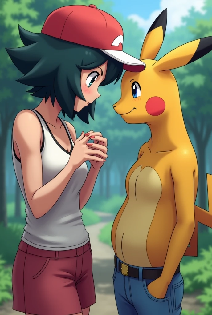 A determined cute woman pokemon trainer, tosses out her pokeball summoning a confused naked woman in pokemon boots and ears, crowded park in daytime. The trainer yells 'Milafachu! I choose you!' in a chat bubble
