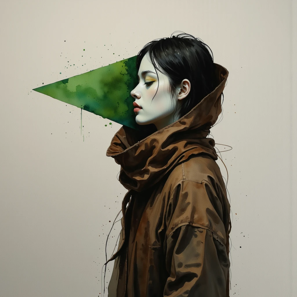 "A minimalist and impressionist watercolor artwork exploring the concept of undefined identity. The composition features a mysterious figure in profile, draped in a flowing brown hood, its vibrant color bleeding softly into the muted gray background. A bold green triangle overlays the face, obscuring features and creating an abstract focal point that challenges the viewer's perception of identity. The figure’s pale complexion, deep black hair, and shadowy cloak add contrast and depth, while the fluid watercolor strokes evoke themes of anonymity, transformation, and the fluidity of self."

