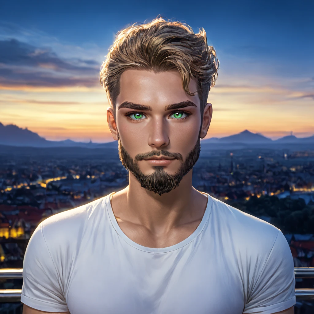  man with medium beard , vista head on, moreno,  blue-green eyes , bun, Casual style , great look ,  transmits confidence and strength, limelight, head on,  shaved on the sides , Germany is the background