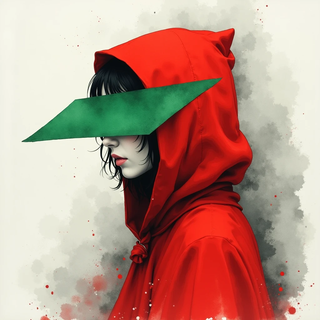 "A minimalist and impressionist watercolor artwork exploring the concept of undefined identity. The composition features a mysterious figure in profile, draped in a flowing red hood, its vibrant color bleeding softly into the muted gray background. A bold green triangle overlays the face, obscuring features and creating an abstract focal point that challenges the viewer's perception of identity. The figure’s pale complexion, deep black hair, and shadowy cloak add contrast and depth, while the fluid watercolor strokes evoke themes of anonymity, transformation, and the fluidity of self."

