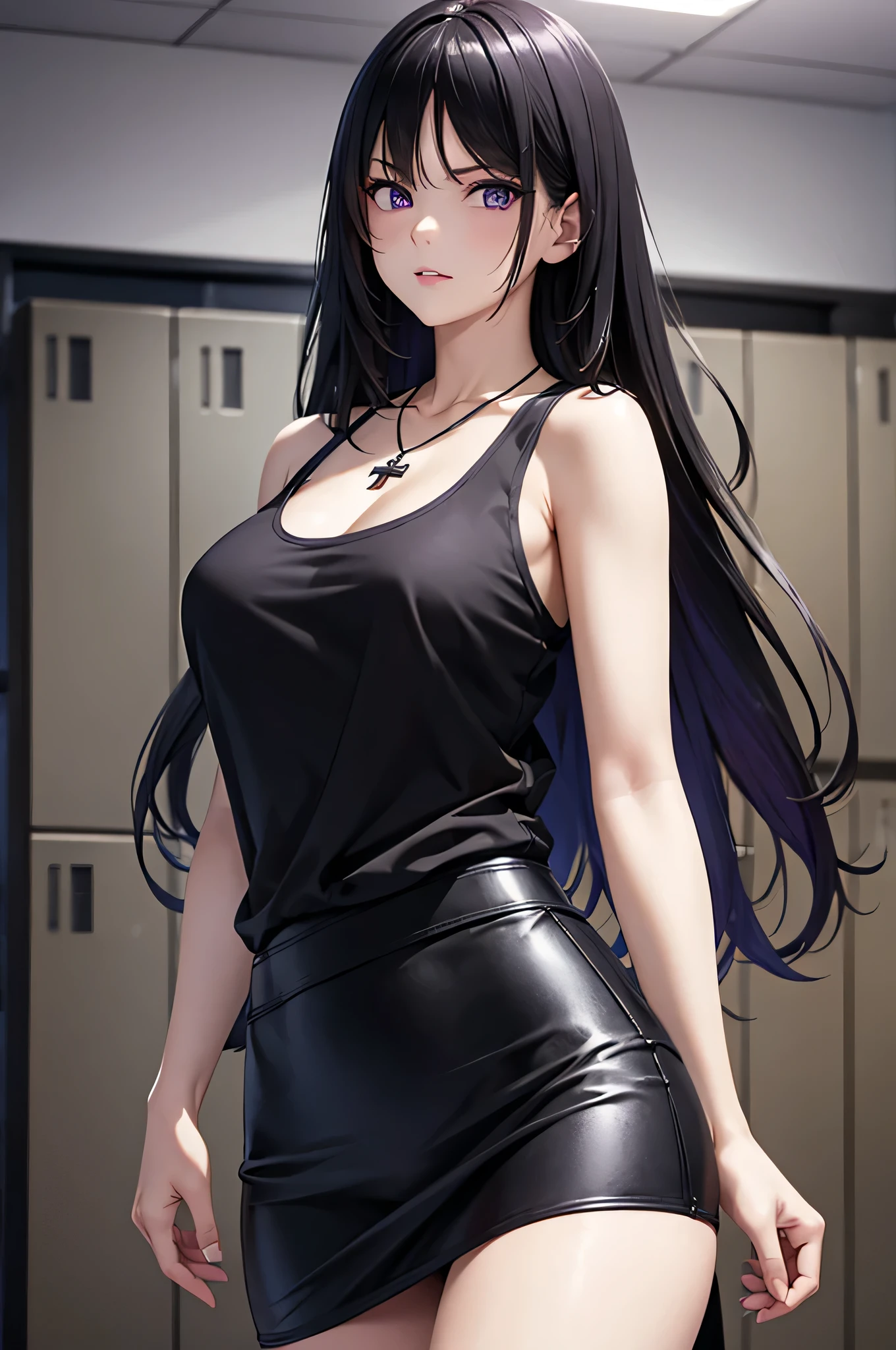 8k resolution,(( top quality )), super high res,Adult female, Alone,  sexy, (Glaring face), ( purple eyes),  beautiful symmetrical face , ( long black hair), black hoodie, black tank top, Leather Skirt , cross necklace, realistic :1.4, realistic :1.4,(  Masterpiece  :1.2), perfect eyes, perfect eyes, anatomically correct human body ,Deserted Locker Room, musician ,Perfect waist,Perfect thighs