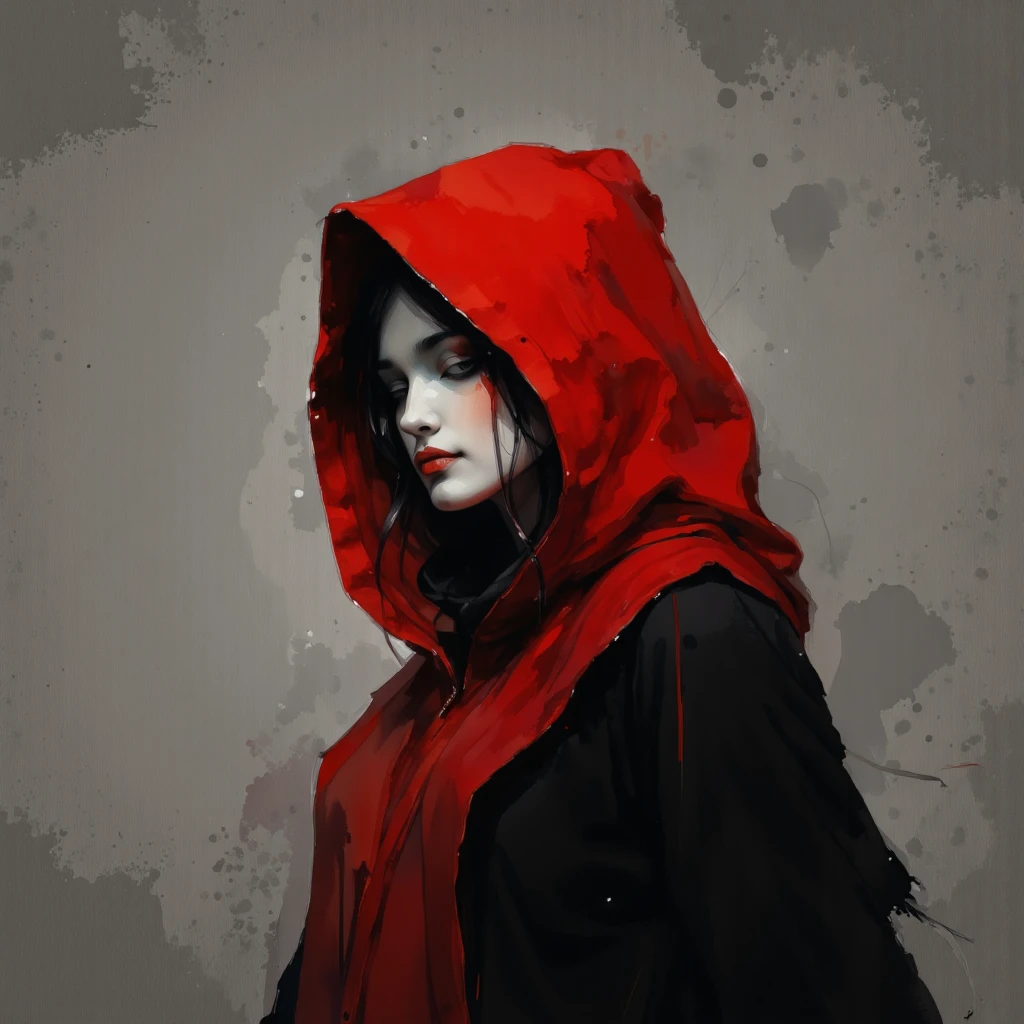 "A minimalist and impressionist artwork featuring a mysterious figure in profile. The subject wears a bold red hood that flows seamlessly into the background, contrasting sharply with their pale complexion and dark, shadowy attire. The hair and lips are rendered in deep black and crimson tones, adding an air of intensity and enigma. The muted, textured gray backdrop enhances the stark contrast of colors, evoking themes of solitude, strength, and anonymity within a haunting yet elegant composition."

