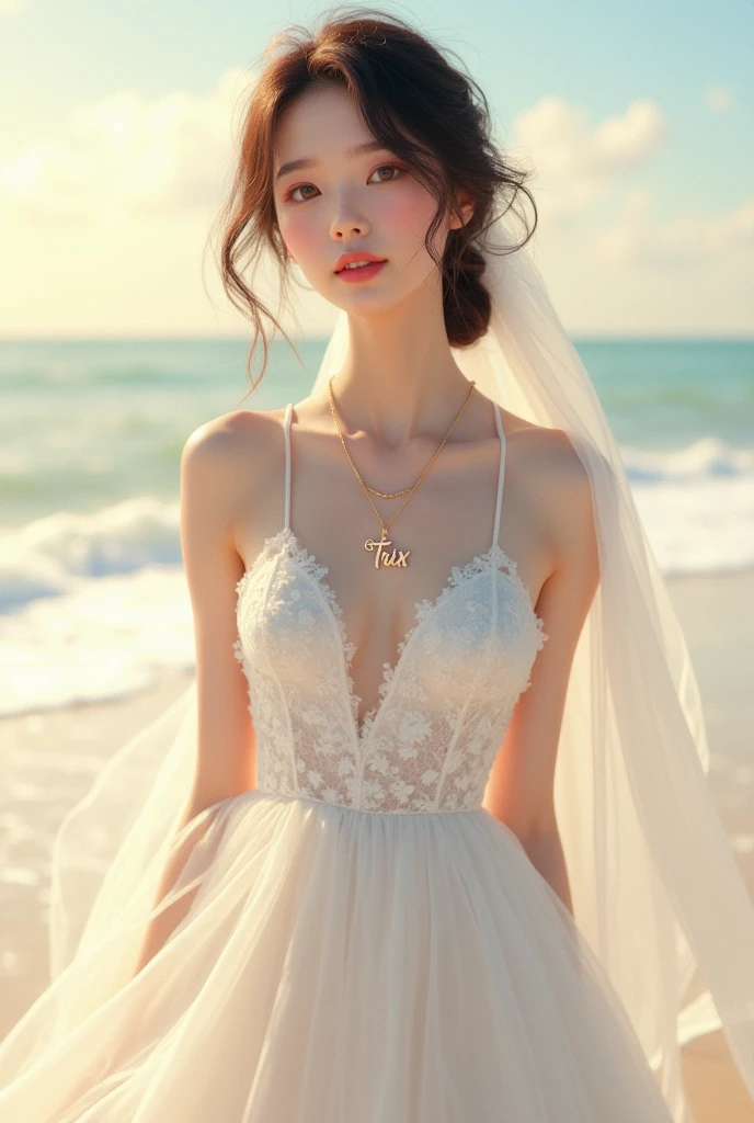 master piece , best quality , detailed , dresses , standing , hands up , armpit , from front , beach