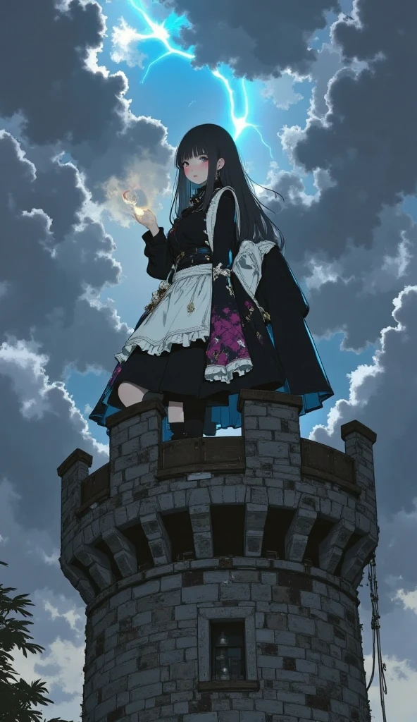 A chubby calico cat kneeling on one knee atop a massive castle tower, concentrating its radiant aura. The sky is dark and ominous, with flashes of blue lightning illuminating the scene, while thick black clouds swirl around, enhancing the dark and dramatic atmosphere. The cat’s sharp, intense gaze pierces through the gloom, and its high-quality gothic apron with intricate embroidery adds a stark contrast to the foreboding surroundings.

Chubby calico cat, kneeling on one knee, focusing aura, massive castle tower, dark sky, blue lightning, swirling black clouds, gothic embroidered apron, intense gaze, ominous atmosphere, dramatic and dark setting.