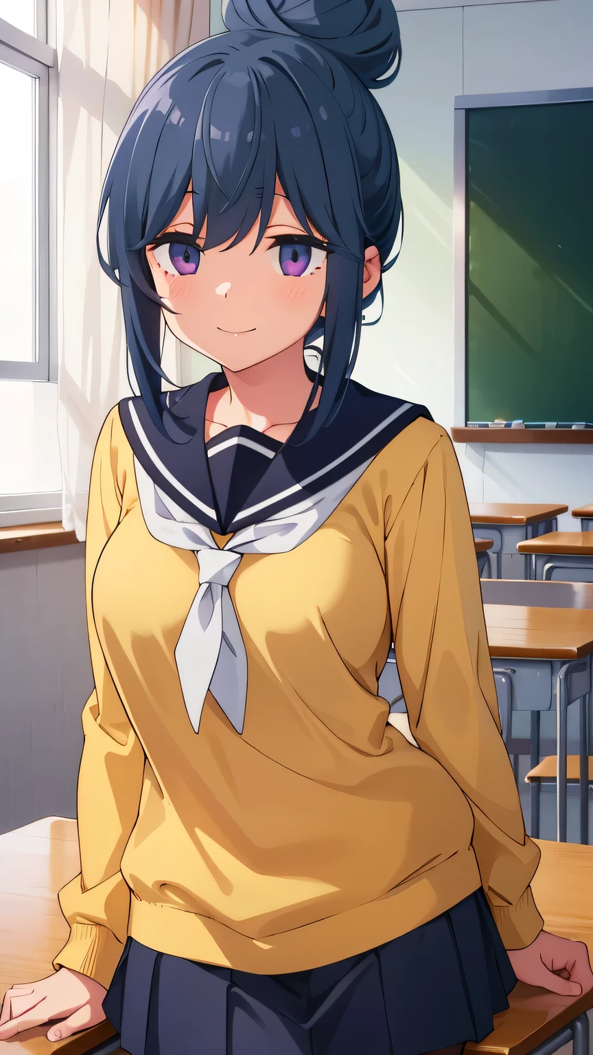 {{{masterpiece}}}, (best quality:1.5), (ultra-detailed:1.5), {illustration}, {{an extremely delicate and beautiful}}, (beautiful detailed eyes:1.6), absurdres, highres, extremely detailed face, 16k, hd, visual anime de uma jovem mulher, extremamente bonito rosto de anime, anime melhor garota, (perfect hands, perfect anatomy), anime face, shimarin (Yuru Camp), 1girl, solo, cute face, blue hair, single hair bun, bangs, round face, big eyes, purple eyes, (High resolution eyes, Beautiful eyes, Light in the eyes), sidelocks, short of a person, medium breasts, thin waist, big hips, curvaceous, BREAK, {school uniform}, yellow sweater, tuck out, long sleeve, sailor collar, white neckerchief, blue skirt, mini pleated skirt, black pantyhose, BREAK,1girl, cowboy shot, kyoushitsu, classroom, indoors, school chair, school desk, chalkboard, window, ceiling light, curtains, smiling, looking at viewer, daytime, flushed cheeks