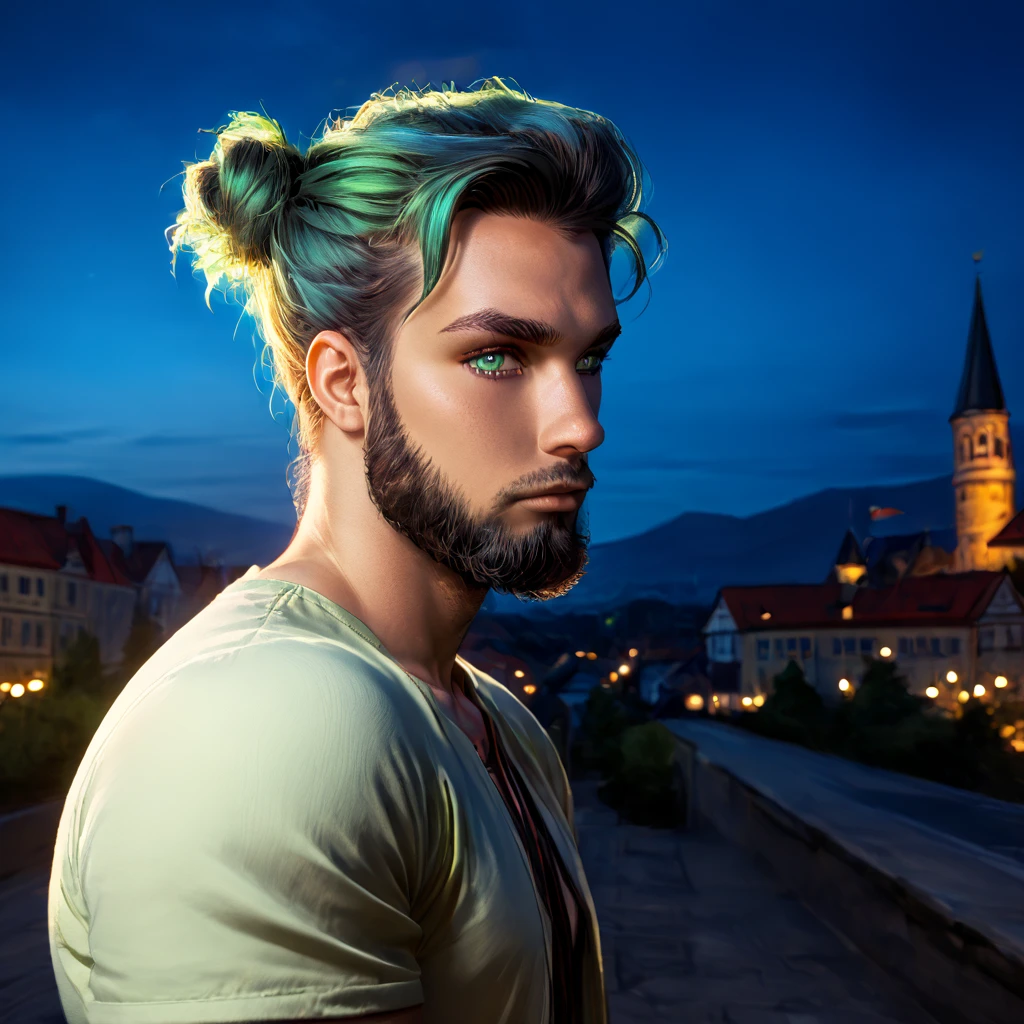  man with medium beard , vista head on, moreno,  blue-green eyes , bun, Casual style , great look ,  transmits confidence and strength, limelight, head on,  shaved on the sides , Germany is the background