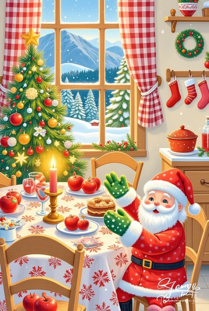 Pastel Art，Christmas illustration  ，Plaid curtains  ， bottom right corner of the kitchen tablecloth  、cake、candle、Glass、Christmas tree、Gingerbread Man、  apples、tableware、   artist's signature ， Hanging socks and Christmas wreaths on the wall。  in the bottom right corner Santa is wearing furry green polka dot knitted gloves, Two hands form a heart shape , make a heart, 。Word "Jenny"