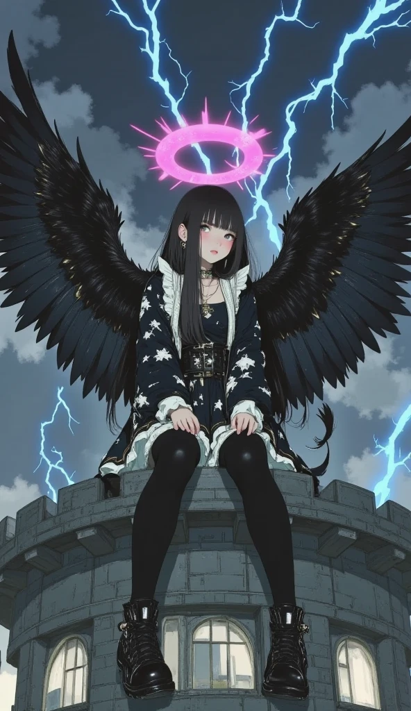 A chubby calico cat with large, dark, ominous wings kneeling on one knee atop a massive castle tower, concentrating its radiant black aura. The wings spread wide, creating a powerful silhouette against the dark, stormy sky. Blue lightning flashes through the swirling black clouds, adding to the dramatic and foreboding atmosphere. The cat’s sharp, piercing gaze enhances its commanding presence, and its high-quality gothic apron with intricate embroidery contrasts with the grim surroundings.

Chubby calico cat, dark wings, kneeling on one knee, focusing black aura, massive castle tower, dark sky, blue lightning, swirling black clouds, gothic embroidered apron, intense gaze, ominous and dramatic atmosphere.