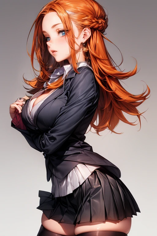 Masterpiece, Best Quality, looking at the viewer, in front of the viewer, 1 woman, (big breasts:1.2), sexy body, thin waist, Attractive front curves, round and soft chest, disgusted face, evening, Heavy Rain, outdoor, City, crop top, (white long sleeve collared shirt:1.4), (shiny black leggings), blood marks, Dark alley, blood splattered on the floor, bright red light, bright Eyes, depth of field, holding a sword, Red Sky, Atmosphere, perfect hands
