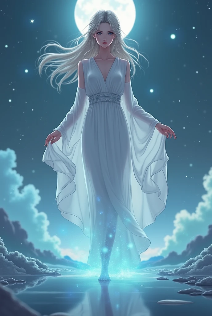 A beautiful and elegant goddess,  shooting star,  starry sky , The fog that has crept in is brightly colored, manga anime,  high image quality, masterpiece, 