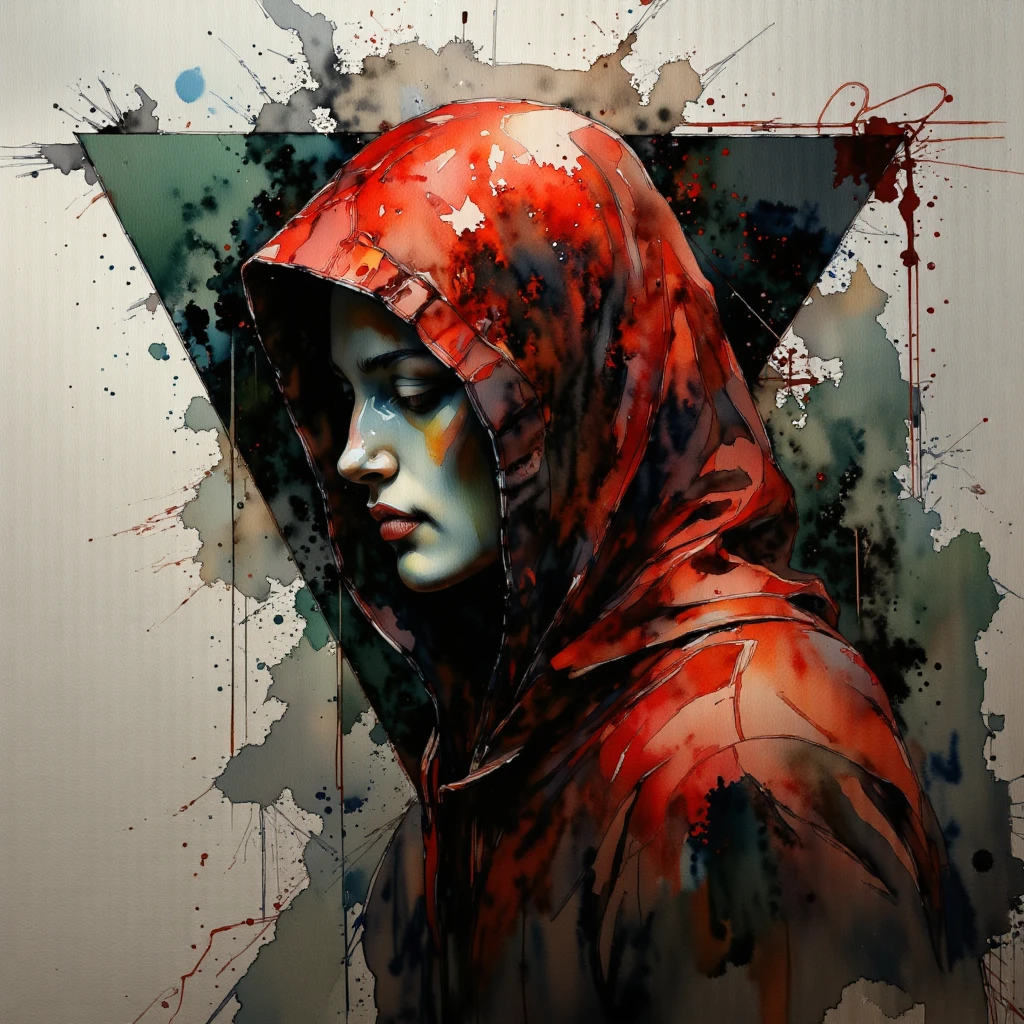 "A complex and impressionist watercolor artwork exploring the theme of undefined identity. The central figure is depicted in profile, draped in a vivid red hood flowing with intricate textures, blending seamlessly into a layered, muted gray background. A sharp green triangle overlays the figure's face, partially obscuring their features and merging with abstract geometric patterns that ripple outward like fragmented reflections. The interplay of bold red, green, and black tones creates a stark contrast against the soft, fluid watercolor strokes. The figure's shadowy cloak dissolves into a swirl of abstract forms and textures, symbolizing the disintegration and reconstruction of identity. Subtle elements like fractured lines, translucent layers, and gradient washes add complexity, evoking themes of self-fragmentation, anonymity, and the multifaceted nature of human existence."

