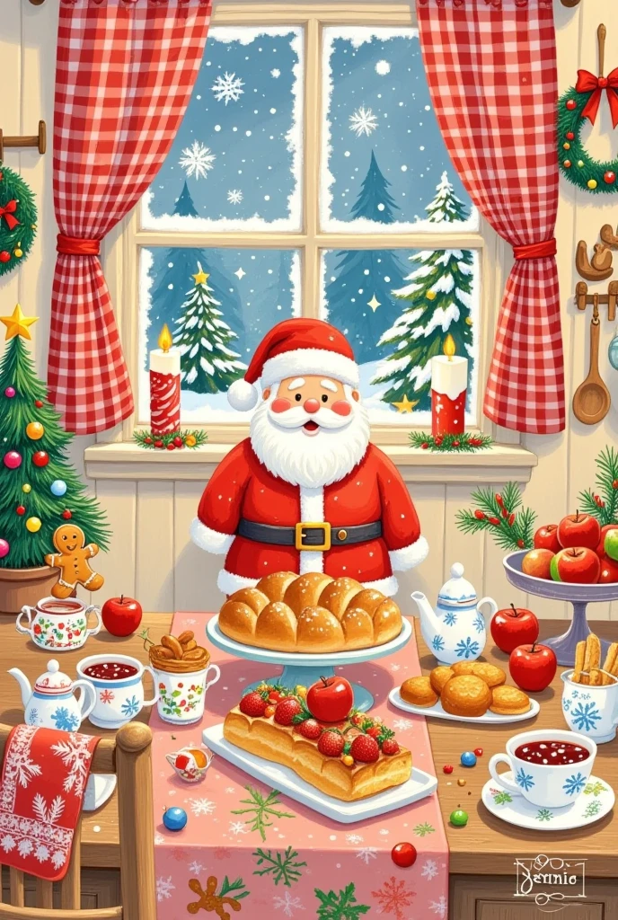 Pastel Art，Christmas illustration ，Plaid curtains ，The kitchen tablecloth is lined with bread、cake、Candle、glass、Christmas tree、Gingerbread Man、 apples、tableware、 with socks and Christmas wreaths hanging on the wall。 Santa Claus 。Artist's signature in the bottom right corner"Jennie"
。Word "Jenny"