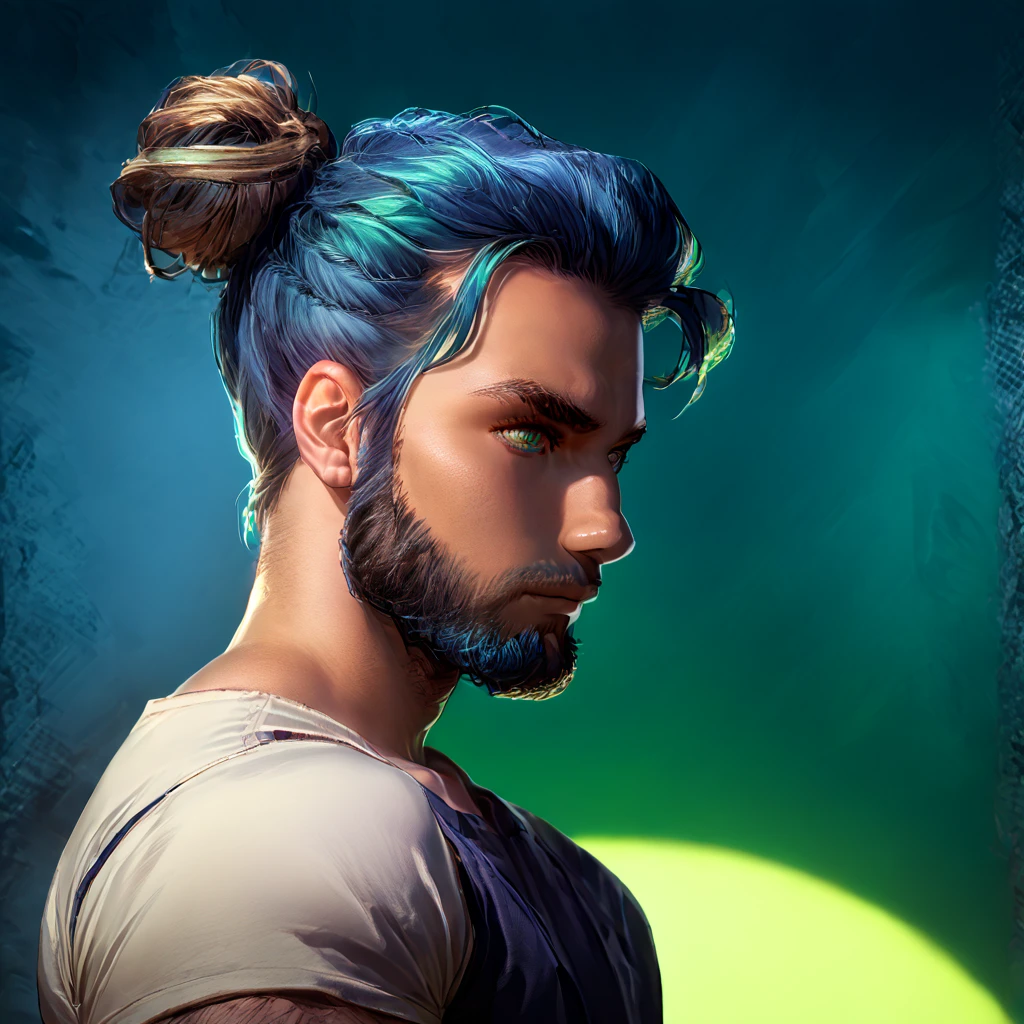  man with medium beard , vista head on, moreno,  blue-green eyes , bun, Casual style , great look ,  transmits confidence and strength, limelight, head on,  shaved on the sides , background of a city