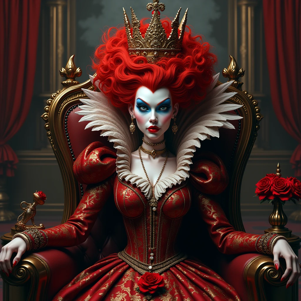 Elizabeth Báthory, Close-up, of a woman sitting on a chair., There's blood on her face., Red Queen, Anya Taylor - Vampire Queen Joy, A woman in red armor., Queen of Hearts, Pale females covered with blood., Intricate costumes, vampire, Red-haired girl in heavy red armor, Beautiful Vampire Girls