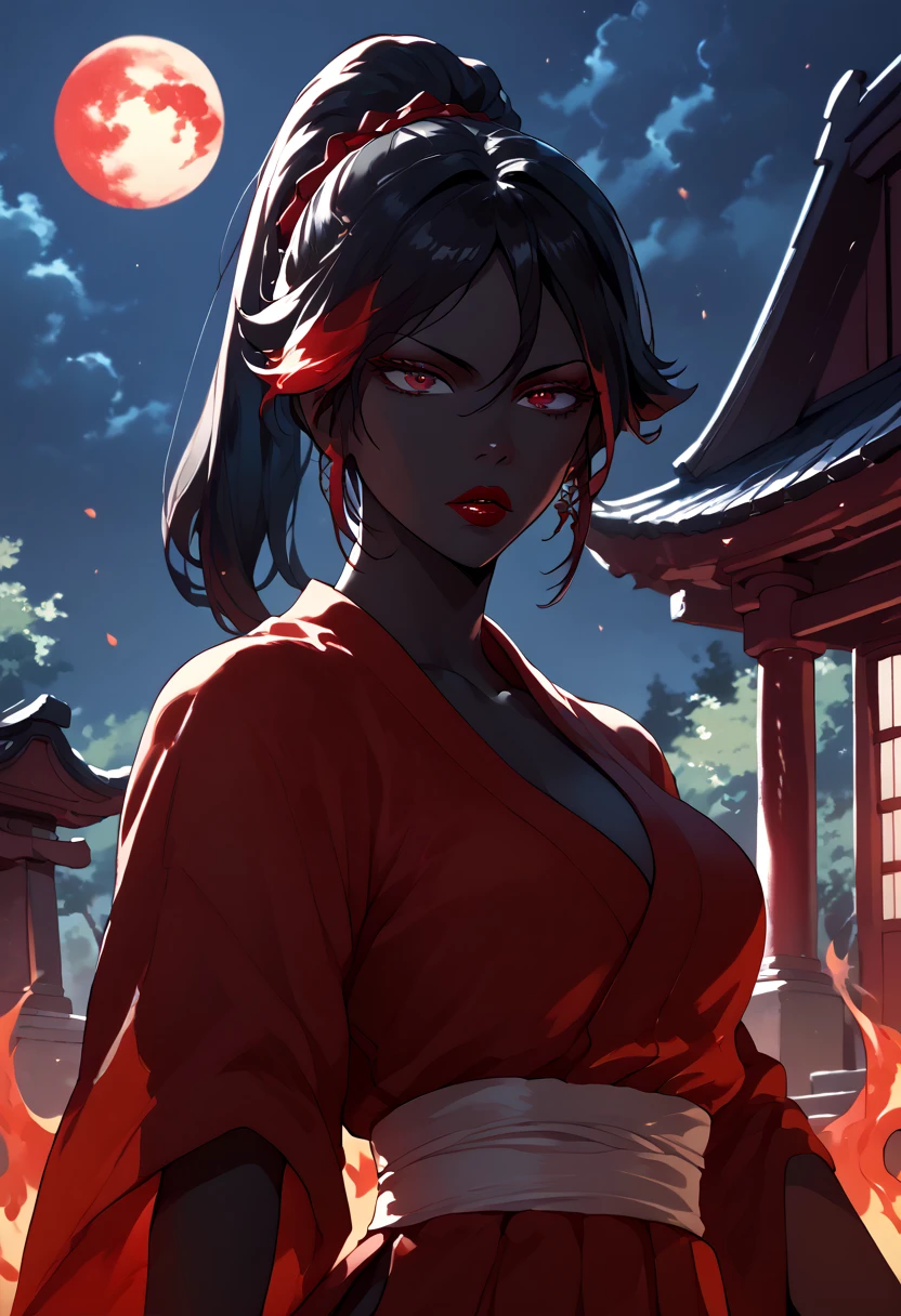 woman, black skin, hair ponytail, black hair, fire hair, red eyes, blood red fire, scarlet fire, traditional japanese clothing, adult, blood red lipstick, red dress, night, japanese temple, blood moon