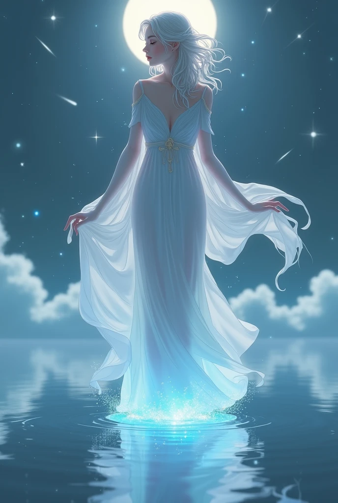 A beautiful and elegant goddess,  shooting star,  starry sky , The fog that has crept in is brightly colored, manga anime,  high image quality, masterpiece, 