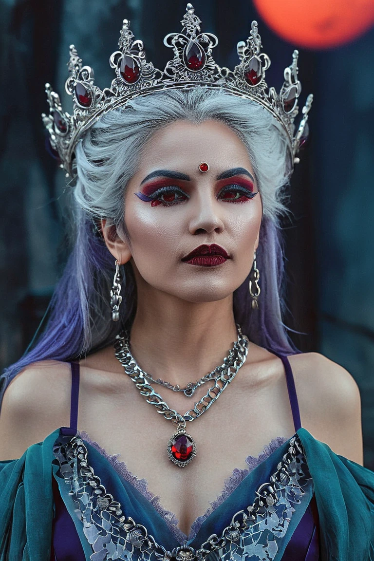 Female vampire, (ethnicity:1.2), (age:1.1),  (detailed clothing:1.2), (accessories:1.1), (crown:1.2), (facial features:1.3), (expression:1.2),  (body type:1.1), (pose:1.2),  standing,  facing viewer,  full view,  long teal-gray hair,  dark blue and white layered dress, detailed ruffles on shoulders,  red gemstone pendant,  gothic style,  vampire fangs,  red lips,  (detailed facial makeup:1.3), (eyes:1.2),  full-length portrait,  dark purple background,  red moon,  gothic castle silhouettes,  bats,  dark atmosphere,  anime style,  digital art; photorealistic, high detail, intricate details, dramatic lighting, cool color palette, sharp focus, 8k resolution.