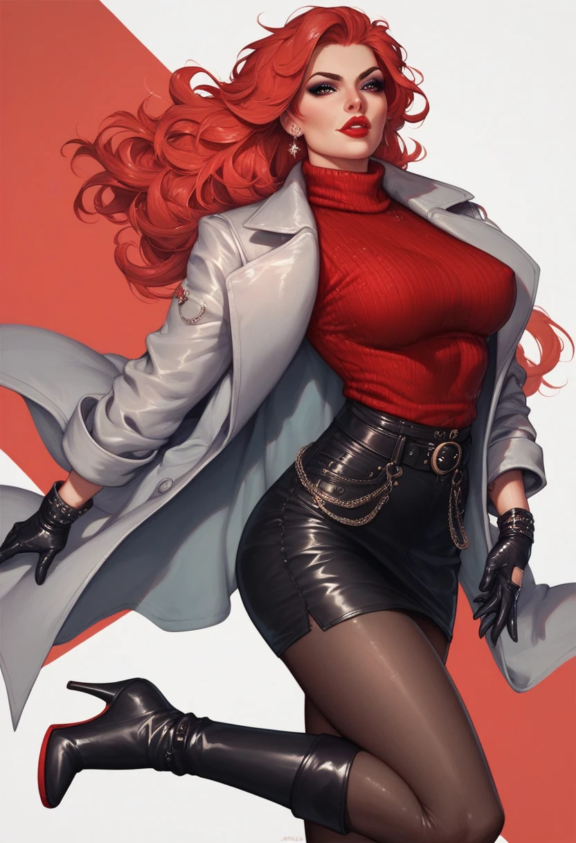 1920s hardboiled detective, striking red hair styled in soft waves, tailored trench coat and a fedora, sharp no-nonsense attitude, pinup
