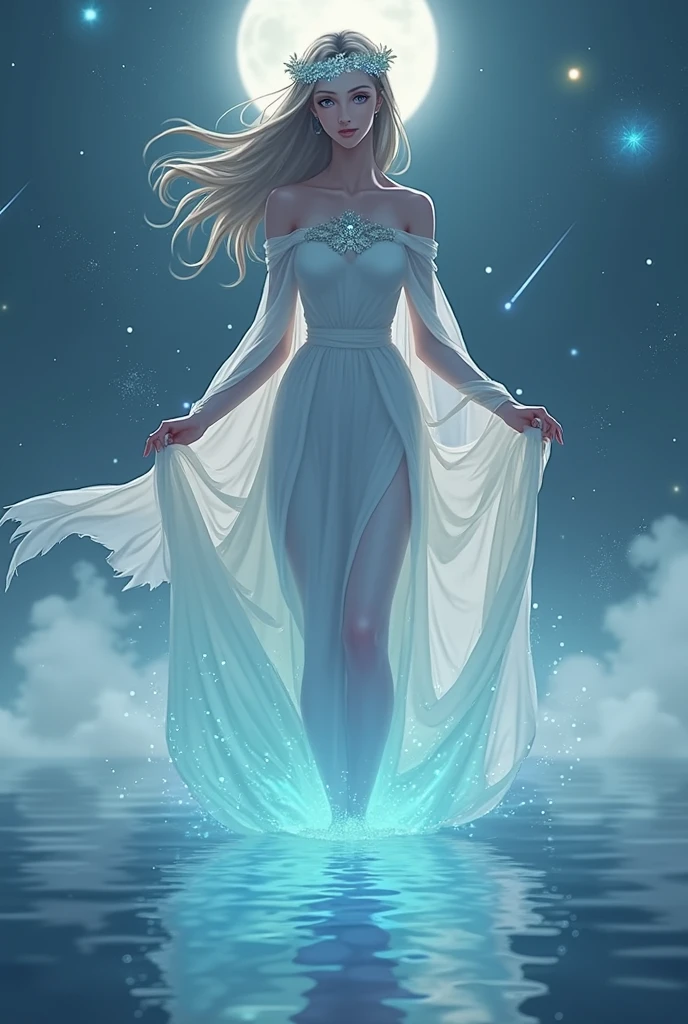 A beautiful and elegant goddess,  shooting star,  starry sky , The fog that has crept in is brightly colored, manga anime,  high image quality, masterpiece, 