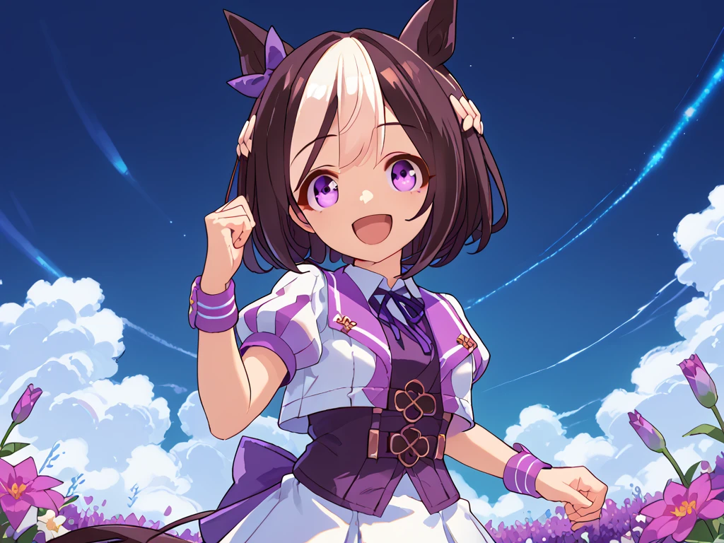 best quality, absurdres, masterpiece, 1人の女の子
special week \(Uma Musume\), 
ear bow, purple bow, puffy short sleeves, neck ribbon, blue ribbon, cropped jacket, white jacket, two-tone jacket, collared shirt, white shirt, purple vest, wristband, wrist cuffs, white skirt, pleated skirt, two-tone skirt, frilled skirt, frills,   zettai ryouiki, white thighhighs, white footwear, purple footwear, asymmetrical footwear, mismatched footwear, Durable sneakers, looking at viewer, in the field of flowers, surrounded by stars and stardust, at midnight, from front, moonlight, happy, laughing, tall, 30-year-old, adult, cute, beautiful, standing, upper body